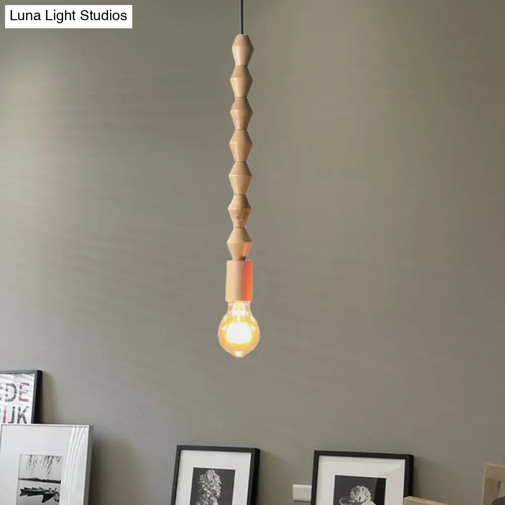 Japanese Style Bare Bulb Hanging Lamp - Wooden Deco Single Light Pendant In Beige Ideal For Kitchen