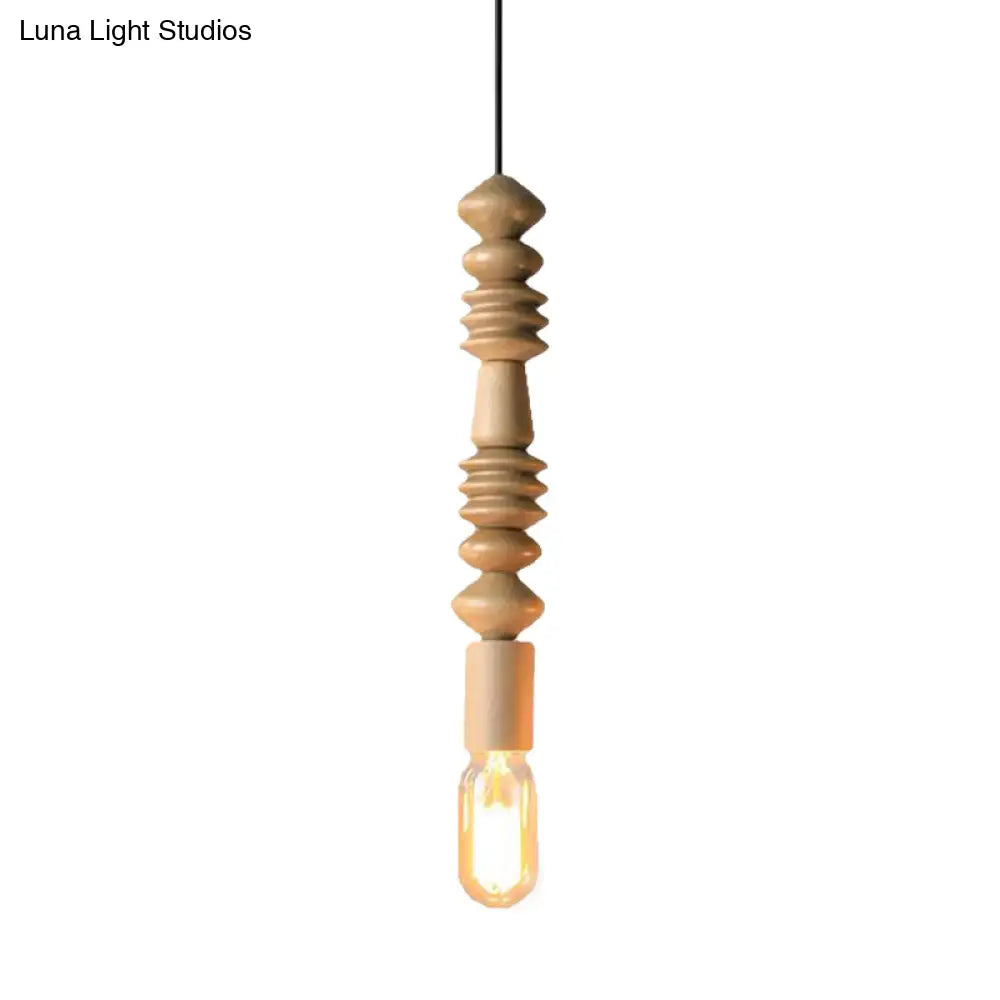 Japanese Style Bare Bulb Hanging Lamp - Wooden Deco Single Light Pendant In Beige Ideal For Kitchen