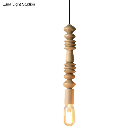 Japanese Style Bare Bulb Hanging Lamp - Wooden Deco Single Light Pendant In Beige Ideal For Kitchen