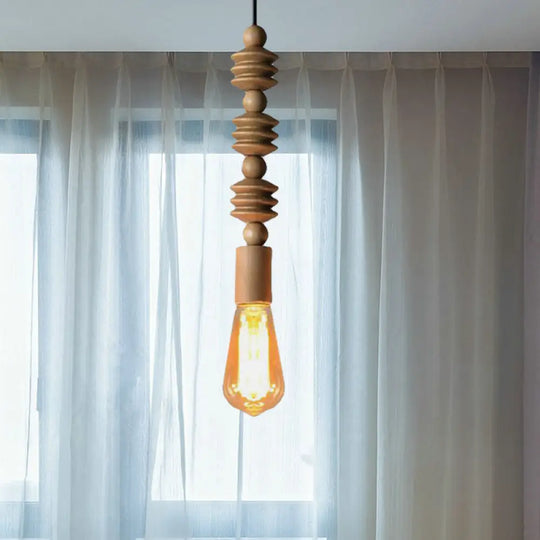 Japanese Style Bare Bulb Hanging Lamp - Wooden Deco Single Light Pendant In Beige Ideal For Kitchen