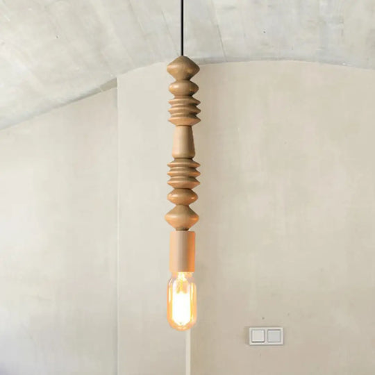 Japanese Style Bare Bulb Hanging Lamp - Wooden Deco Single Light Pendant In Beige Ideal For Kitchen