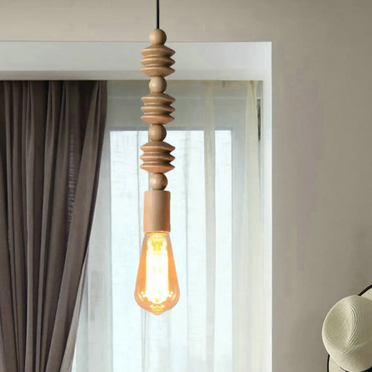 Japanese Style Bare Bulb Hanging Lamp - Wooden Deco Single Light Pendant In Beige Ideal For Kitchen