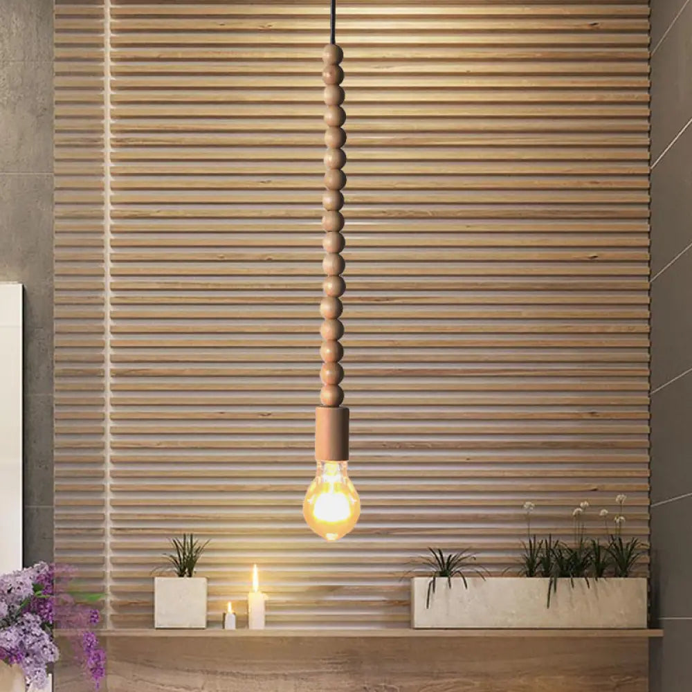 Japanese Style Bare Bulb Hanging Lamp - Wooden Deco Single Light Pendant In Beige Ideal For Kitchen