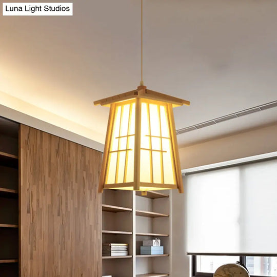 Japanese Style Beige Wood Ceiling Lamp For Restaurants - Tower Pendant Lighting