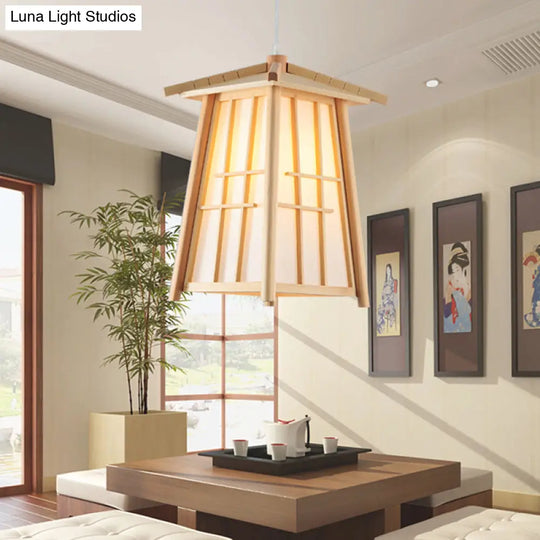 Japanese Style Beige Wood Ceiling Lamp For Restaurants - Tower Pendant Lighting