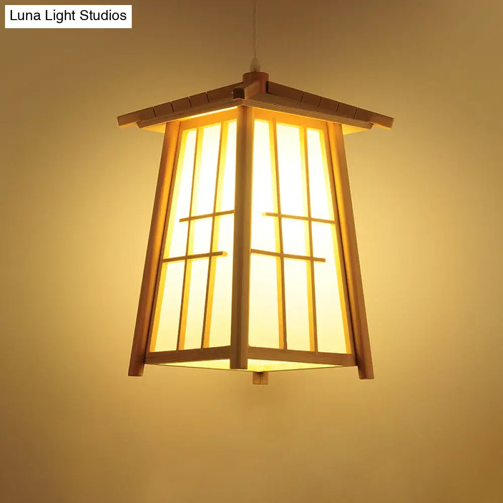 Japanese Style Beige Wood Ceiling Lamp For Restaurants - Tower Pendant Lighting