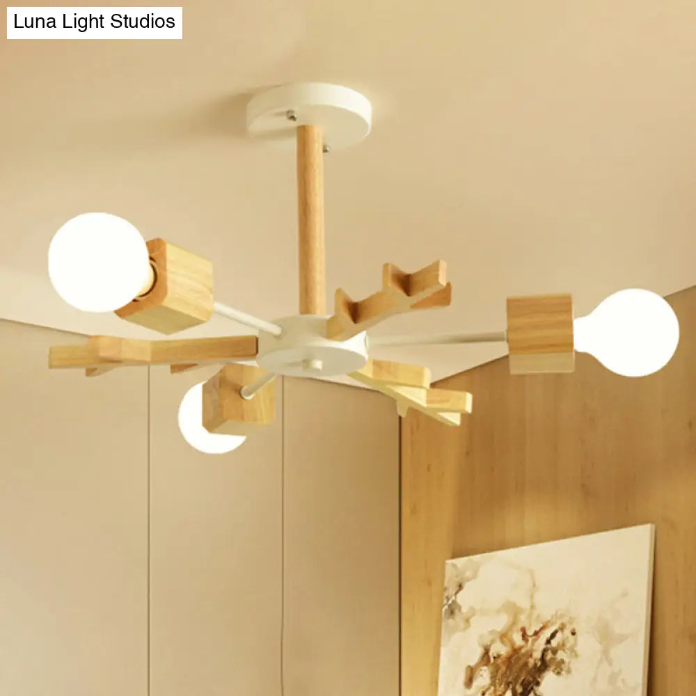 Beige Snowflake Pendant Light: Japanese Style Wood Chandelier For Bedroom 3 /