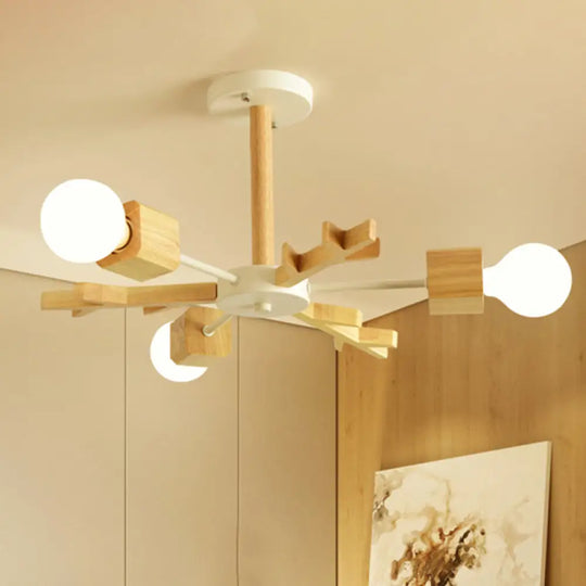 Japanese Style Beige Wood Chandelier - Snowflake Pendant Light For Bedroom 3 /