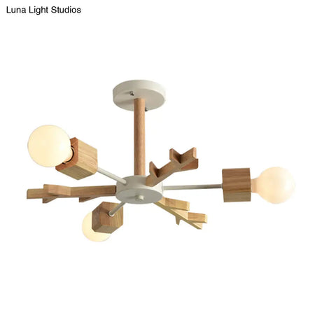 Japanese Style Beige Wood Chandelier - Snowflake Pendant Light For Bedroom