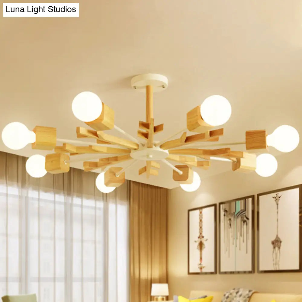 Beige Snowflake Pendant Light: Japanese Style Wood Chandelier For Bedroom 8 /