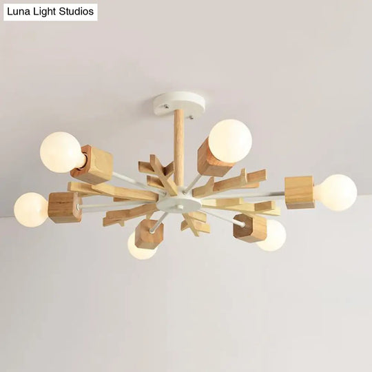 Beige Snowflake Pendant Light: Japanese Style Wood Chandelier For Bedroom 6 /