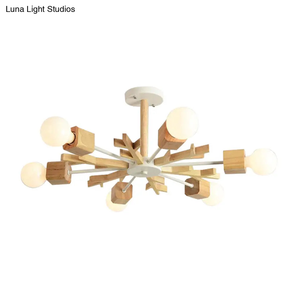 Japanese Style Beige Wood Chandelier - Snowflake Pendant Light For Bedroom