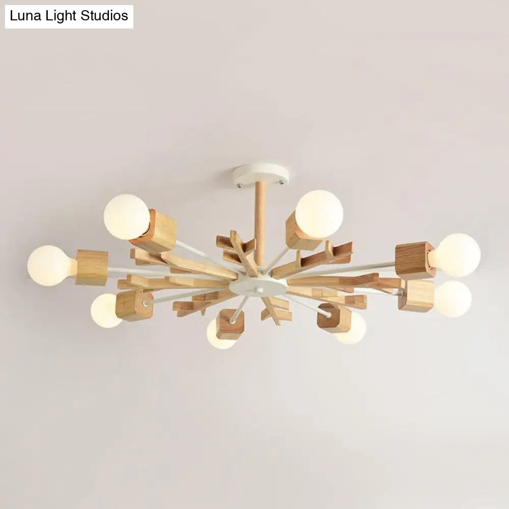 Beige Snowflake Pendant Light: Japanese Style Wood Chandelier For Bedroom