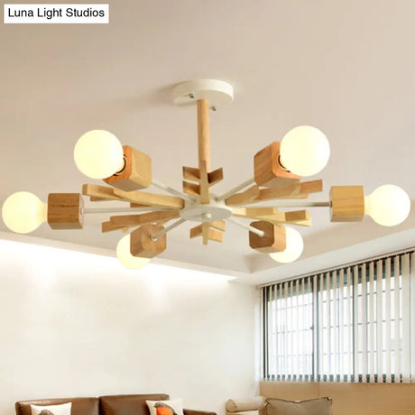 Japanese Style Beige Wood Chandelier - Snowflake Pendant Light For Bedroom