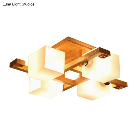 Japanese Style Cube Shade Led Flush Mount With Wood And Milk Glass - Perfect For Office Ceilings!