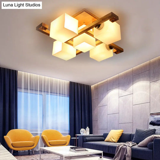 Japanese Style Cube Shade Led Flush Mount With Wood And Milk Glass - Perfect For Office Ceilings! 5