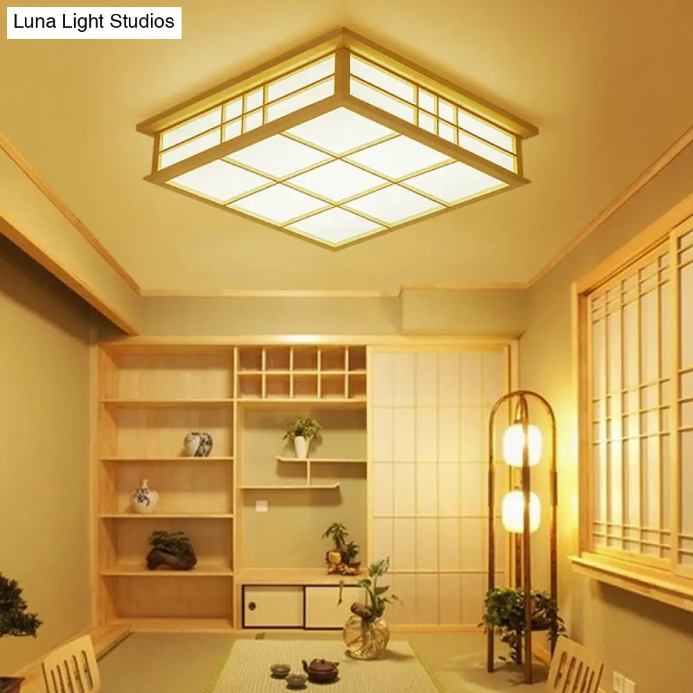 Japanese Style Led Wood Square Grille Ceiling Light In Warm/White - Beige Color