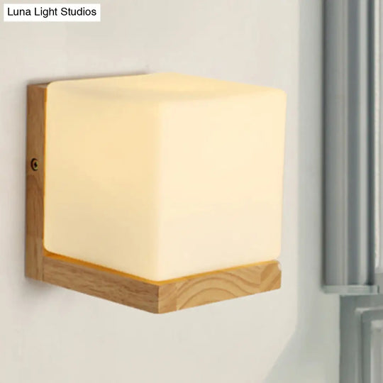 Japanese Style Opal Glass Wood Cube Wall Lamp With 1 Light - Hotel Restaurant White