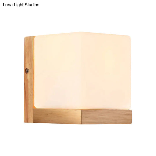 Japanese Style Opal Glass Wood Cube Wall Lamp With 1 Light - Hotel Restaurant White