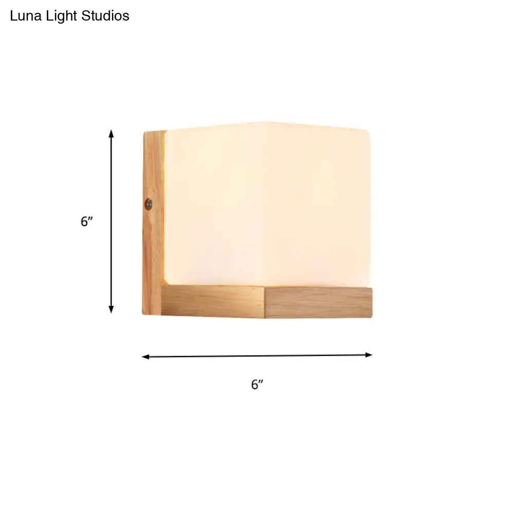 Japanese Style Opal Glass Wood Cube Wall Lamp With 1 Light - Hotel Restaurant White