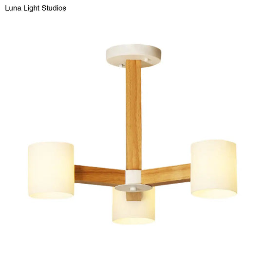 Stylish Japanese Glass & Wood Bedroom Pendant Chandelier With White Cylindrical Shade