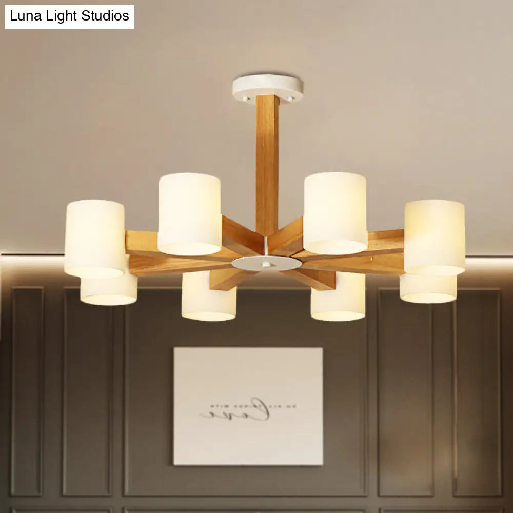 Stylish Japanese Glass & Wood Bedroom Pendant Chandelier With White Cylindrical Shade 8 /