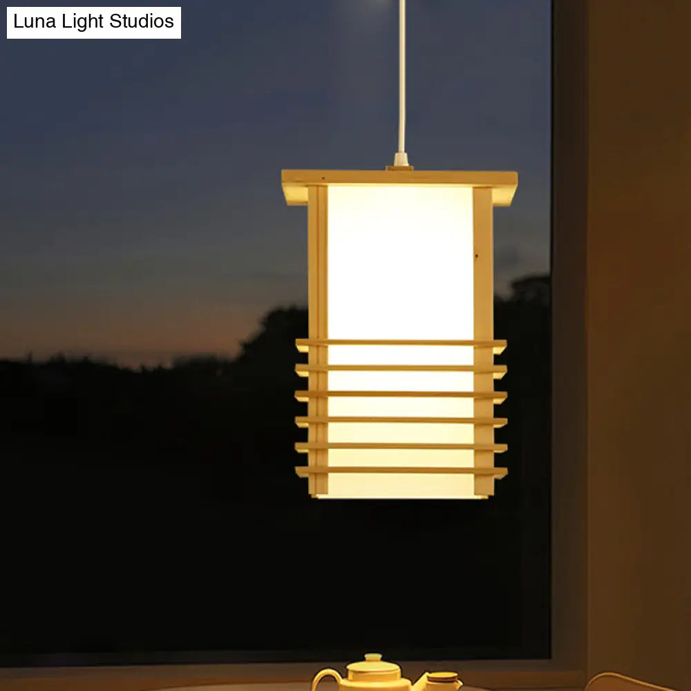 Japanese Style Pinewood Hanging Lantern With Cage Guard - Beige Pendant Light For Restaurant Ceiling