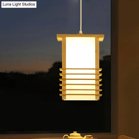 Japanese Style Pinewood Hanging Lantern With Cage Guard - Beige Pendant Light For Restaurant Ceiling