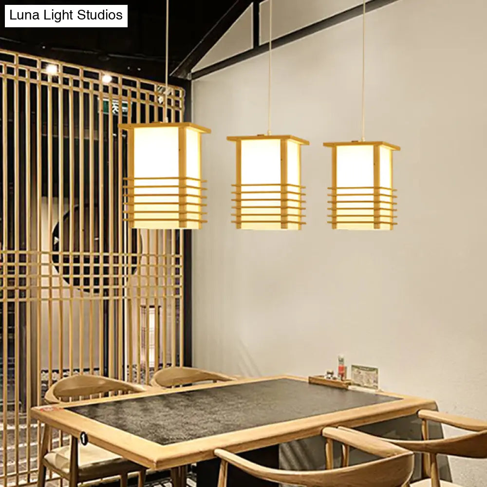 Japanese Style Pinewood Hanging Lantern With Cage Guard - Beige Pendant Light For Restaurant Ceiling