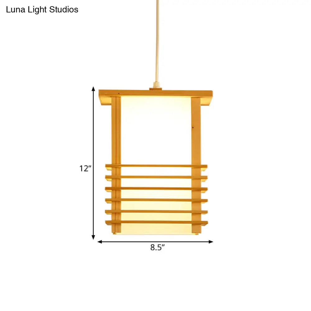 Japanese Style Pinewood Hanging Lantern With Cage Guard - Beige Pendant Light For Restaurant Ceiling