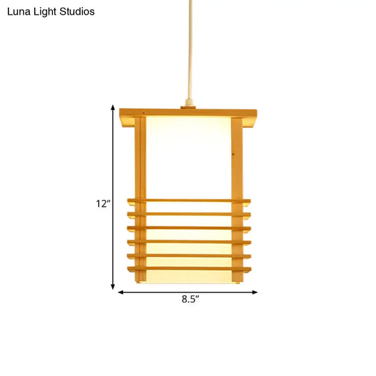 Japanese Style Pinewood Hanging Lantern With Cage Guard - Beige Pendant Light For Restaurant Ceiling