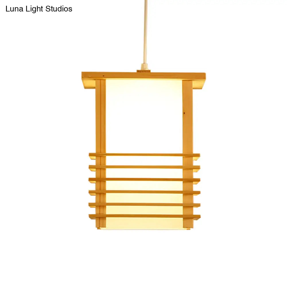 Japanese Style Pinewood Hanging Lantern With Cage Guard - Beige Pendant Light For Restaurant Ceiling