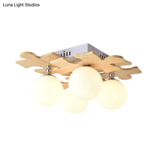 Japanese Style Round Flush Mount Ceiling Light Fixture With White Glass And Wooden Accent - 4 Bulb