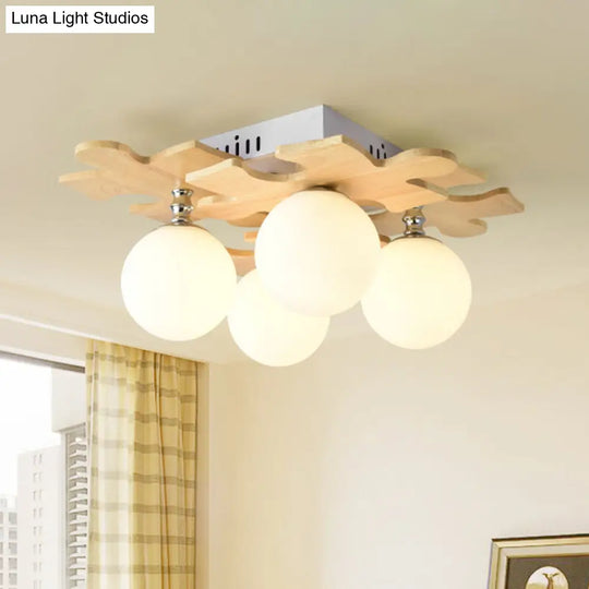 Japanese Style Round Flush Mount Ceiling Light Fixture With White Glass And Wooden Accent - 4 Bulb