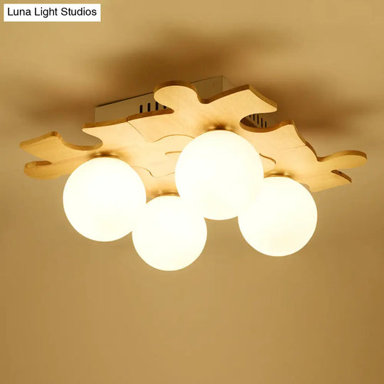 Japanese Style Round Flush Mount Ceiling Light Fixture With White Glass And Wooden Accent - 4 Bulb