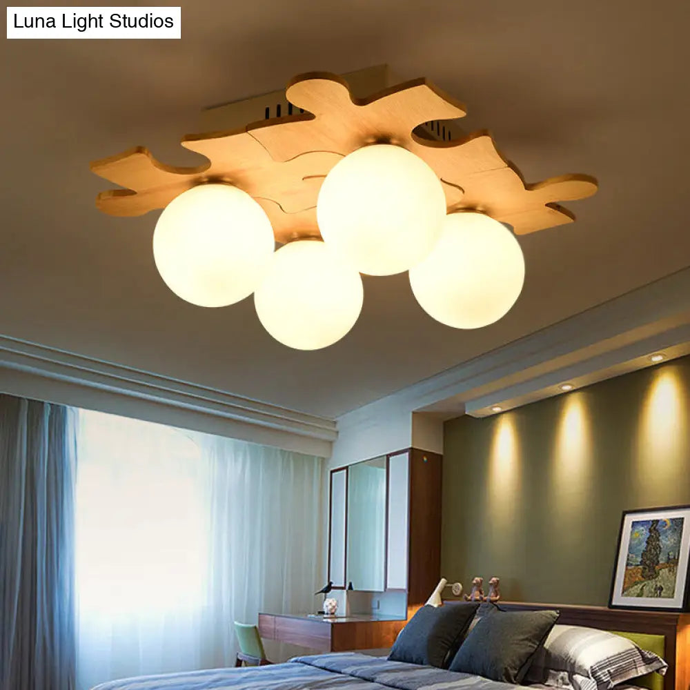 Japanese Style Round Flush Mount Ceiling Light Fixture With White Glass And Wooden Accent - 4 Bulb