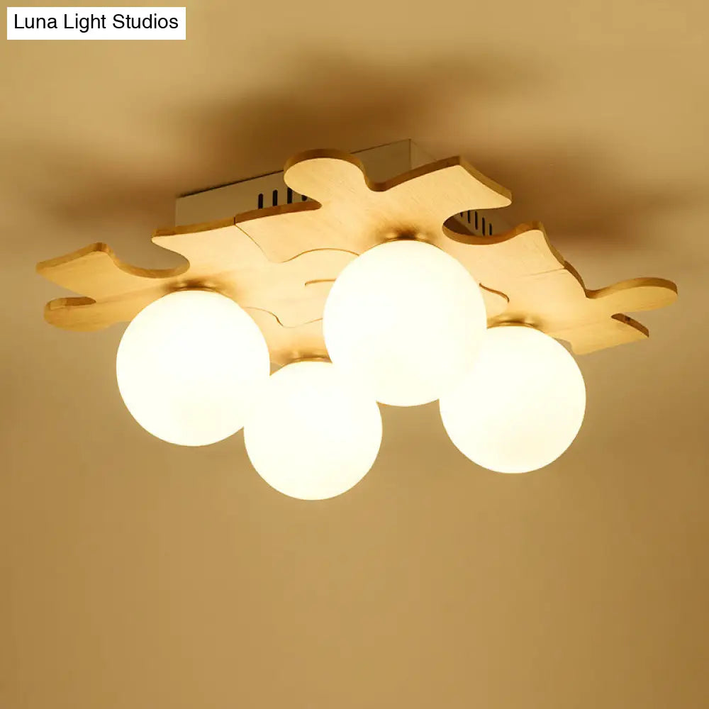 Japanese Style Round Flush Mount Ceiling Light Fixture With White Glass And Wooden Accent - 4 Bulb