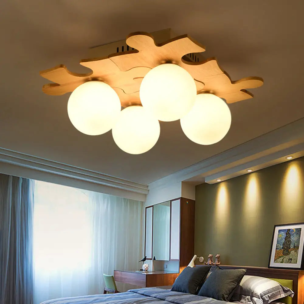 Japanese Style Round Flush Mount Ceiling Light Fixture With White Glass And Wooden Accent - 4 Bulb