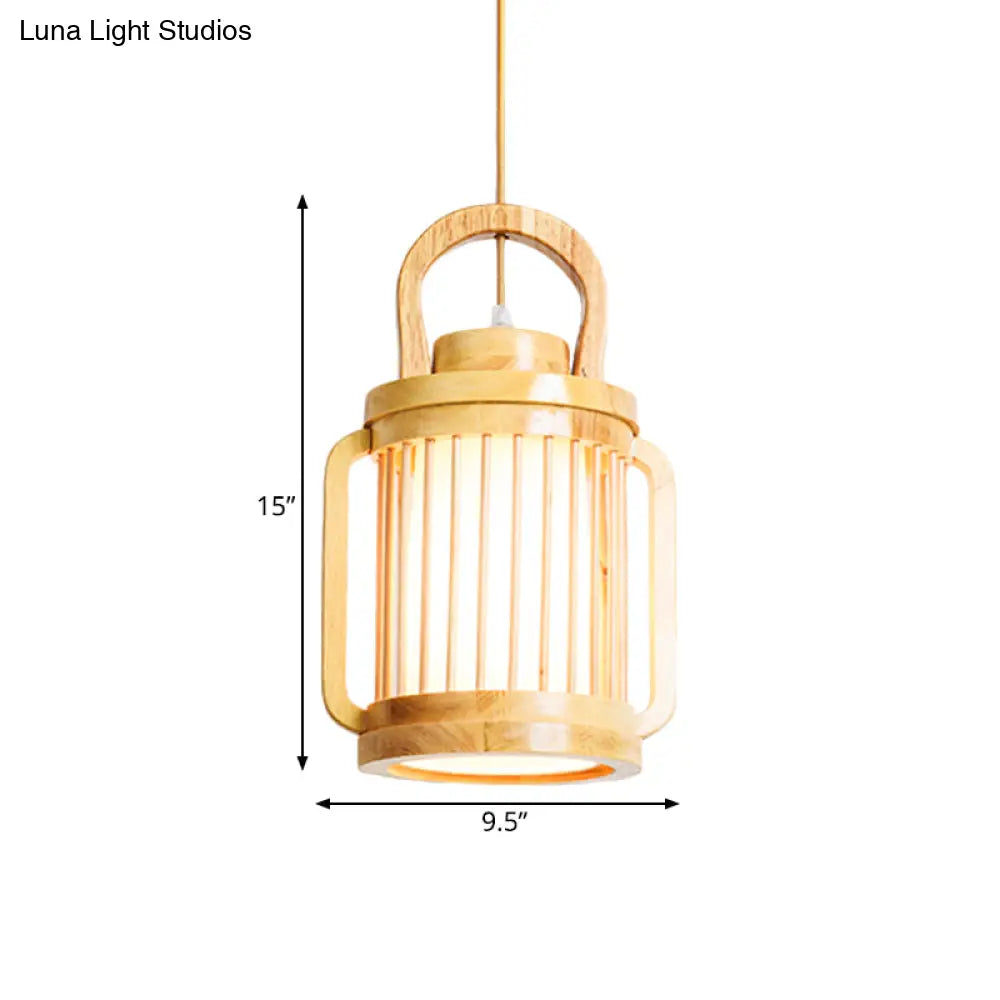 Japanese Style Single Bulb Pendant Light With Wood Cage And Fabric Shade