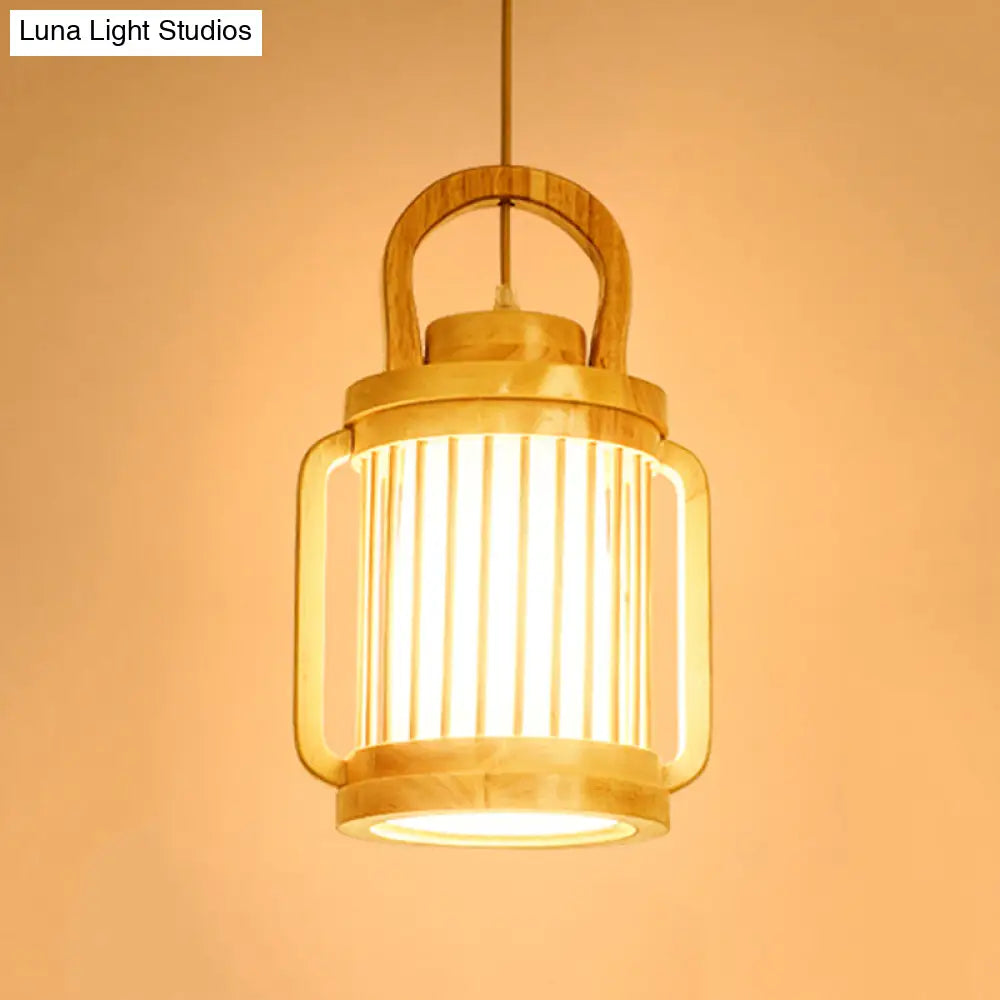 Japanese Style Single Bulb Pendant Light With Wood Cage And Fabric Shade