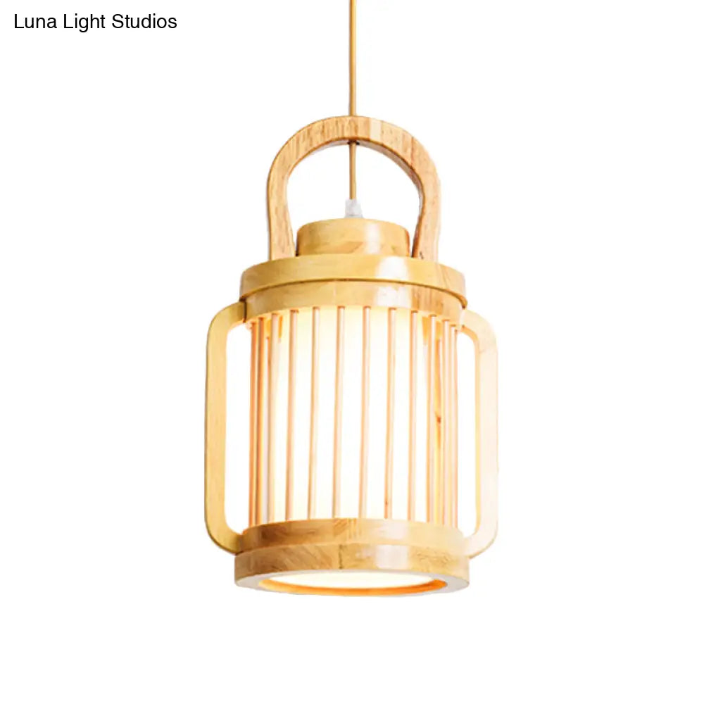 Japanese Style Single Bulb Pendant Light With Wood Cage And Fabric Shade