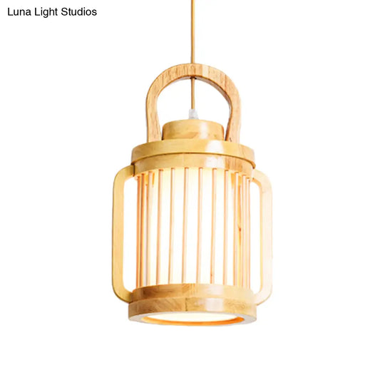 Japanese Style Single Bulb Pendant Light With Wood Cage And Fabric Shade