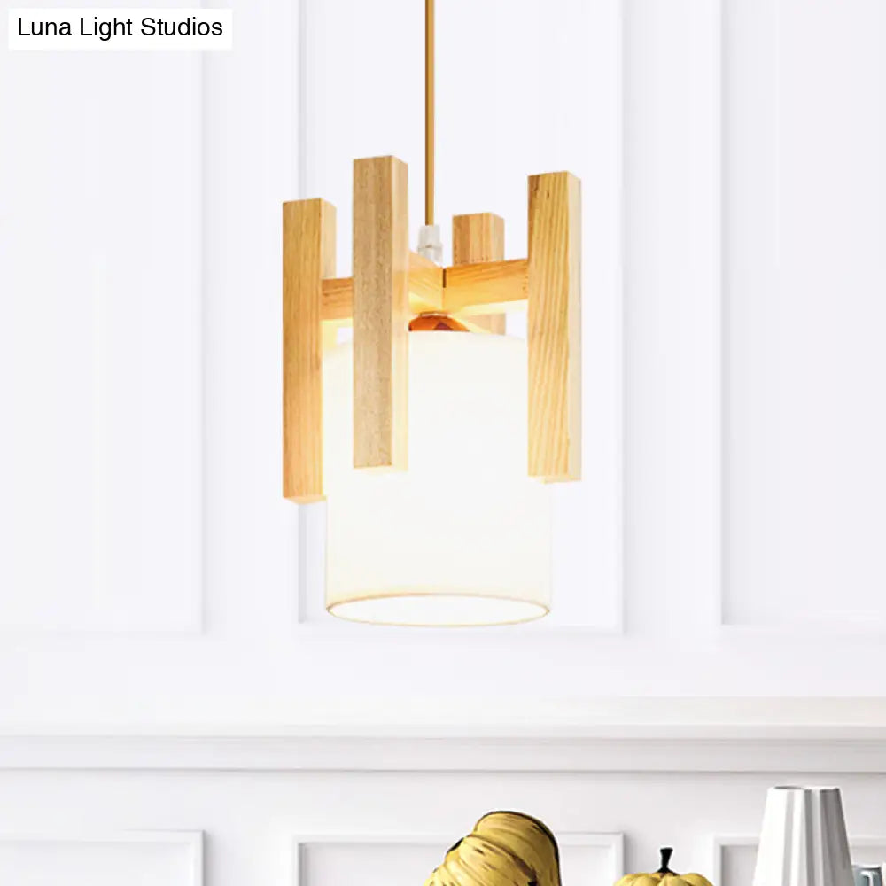 Japanese Style White Fabric Pendant Light With Wooden Cage Top - Small Hanging Suspension