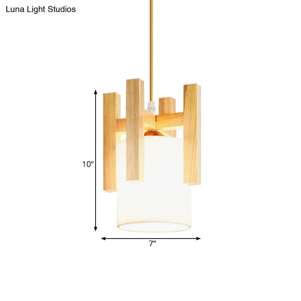 Japanese Style White Fabric Pendant Light With Wooden Cage Top - Small Hanging Suspension