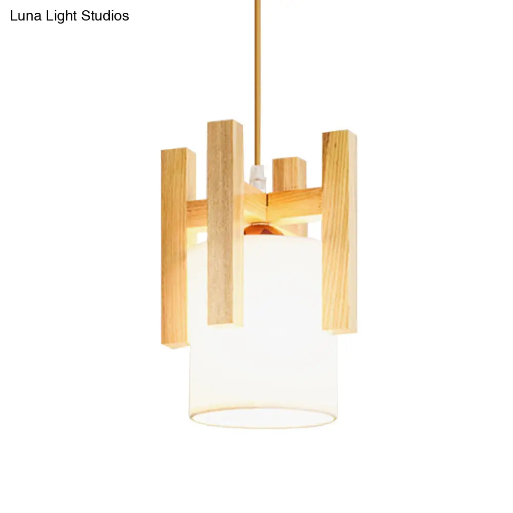 Japanese Style White Fabric Pendant Light With Wooden Cage Top - Small Hanging Suspension