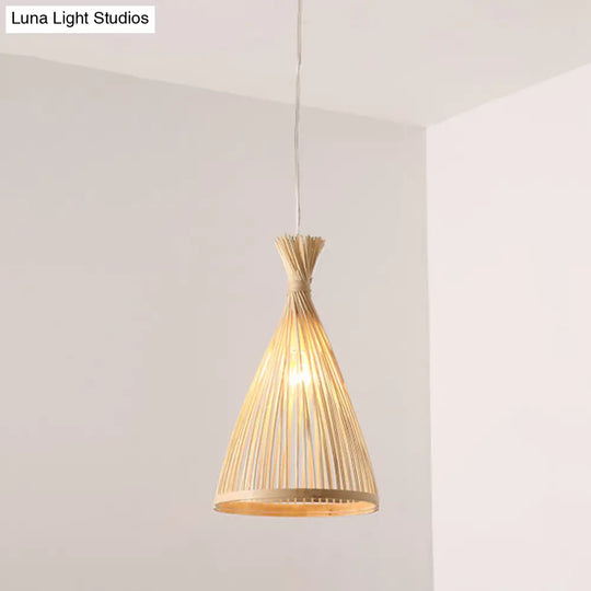 Japanese Style Wood Funnel Pendant Light - 1 Head 8’/10’/12’ Wide Ceiling Hang Lamp In Beige/Coffee