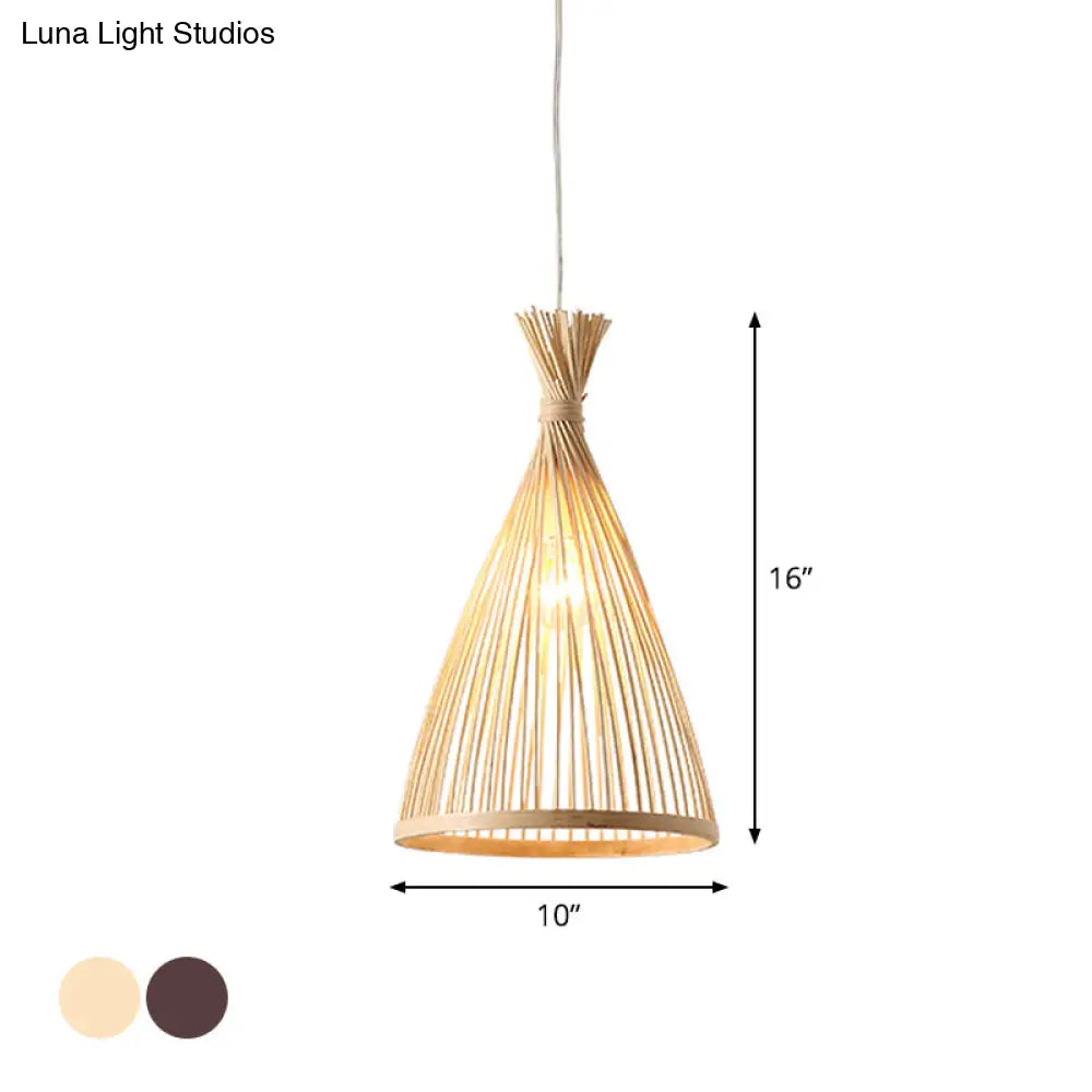 Japanese Style Funnel Pendant Light - Wood 1 Head 8/10/12 Wide Beige/Coffee Ceiling Hang Lamp