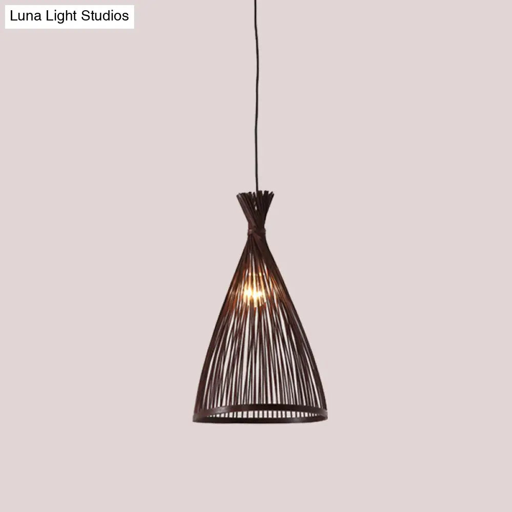 Japanese Style Funnel Pendant Light - Wood 1 Head 8/10/12 Wide Beige/Coffee Ceiling Hang Lamp