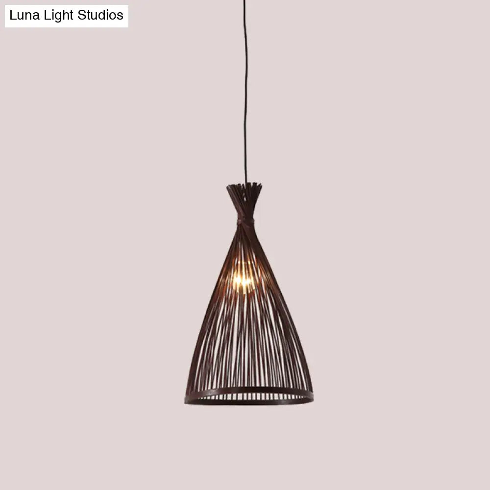 Japanese Style Wood Funnel Pendant Light - 1 Head 8’/10’/12’ Wide Ceiling Hang Lamp In Beige/Coffee