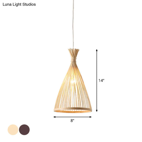 Japanese Style Wood Funnel Pendant Light - 1 Head 8’/10’/12’ Wide Ceiling Hang Lamp In Beige/Coffee